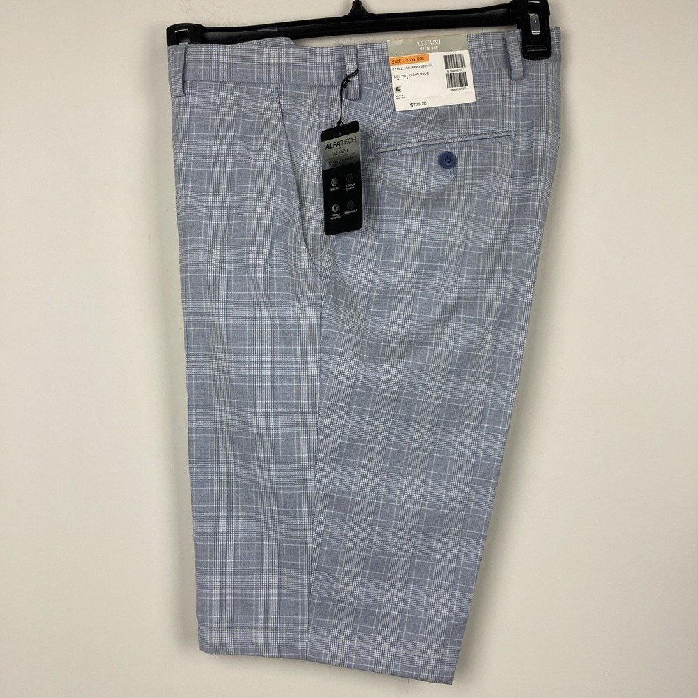 Alfani Men's Shorts Custom cut‎ 33W 12L Flat Front Blue Plaid F03369